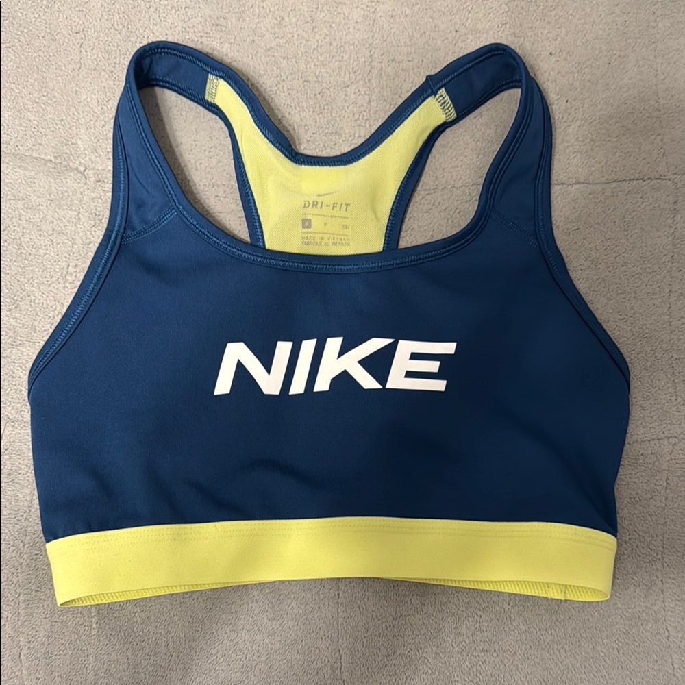 Nike Blue and Yellow Sports Bra with Racerback Design